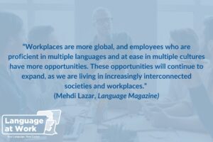 card with a quote from Mehdi Lazar about the benefits of multilingualism in the workplace